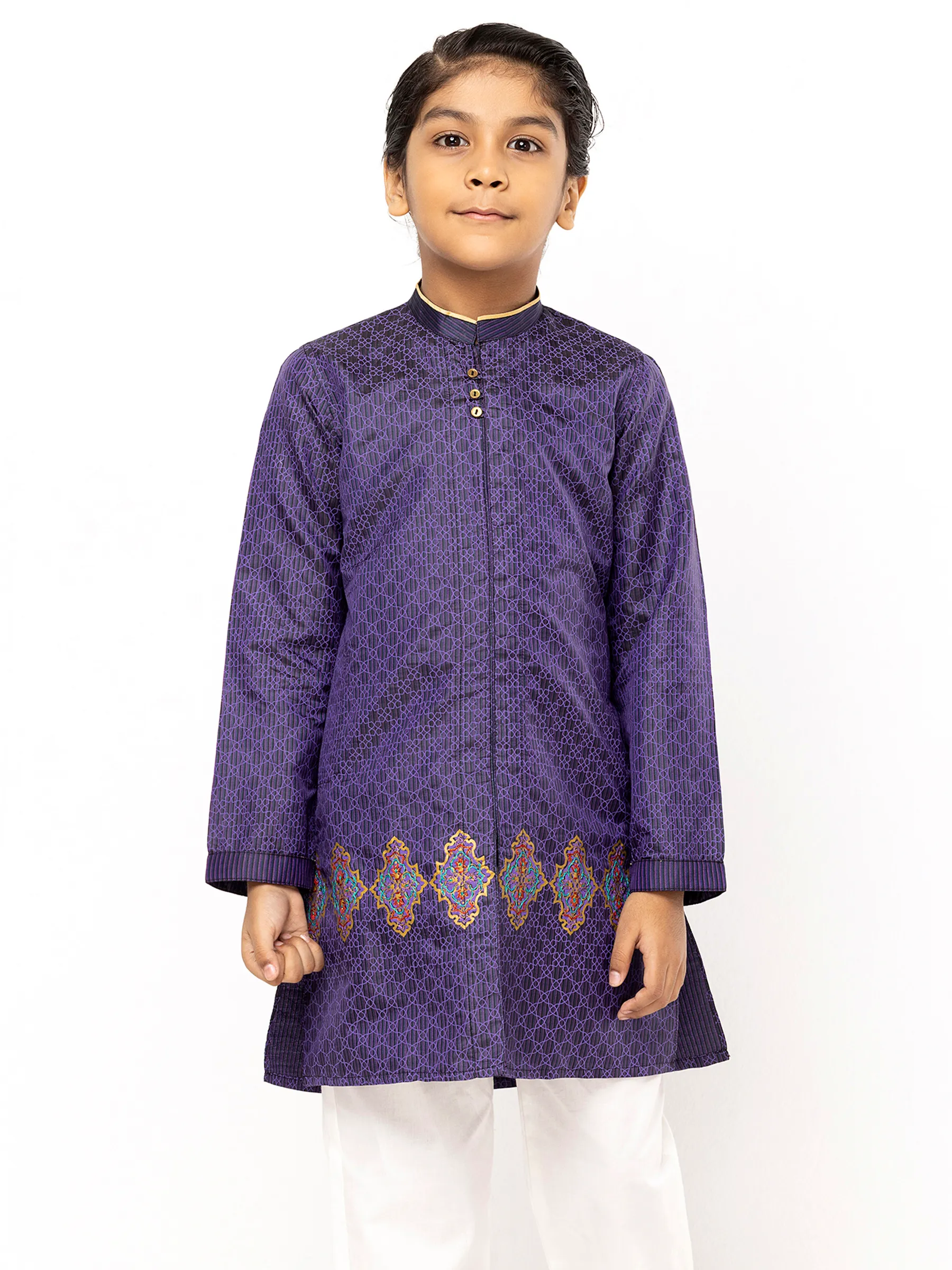 Purple Striped and Printed Silk Panjabi Pajama Set